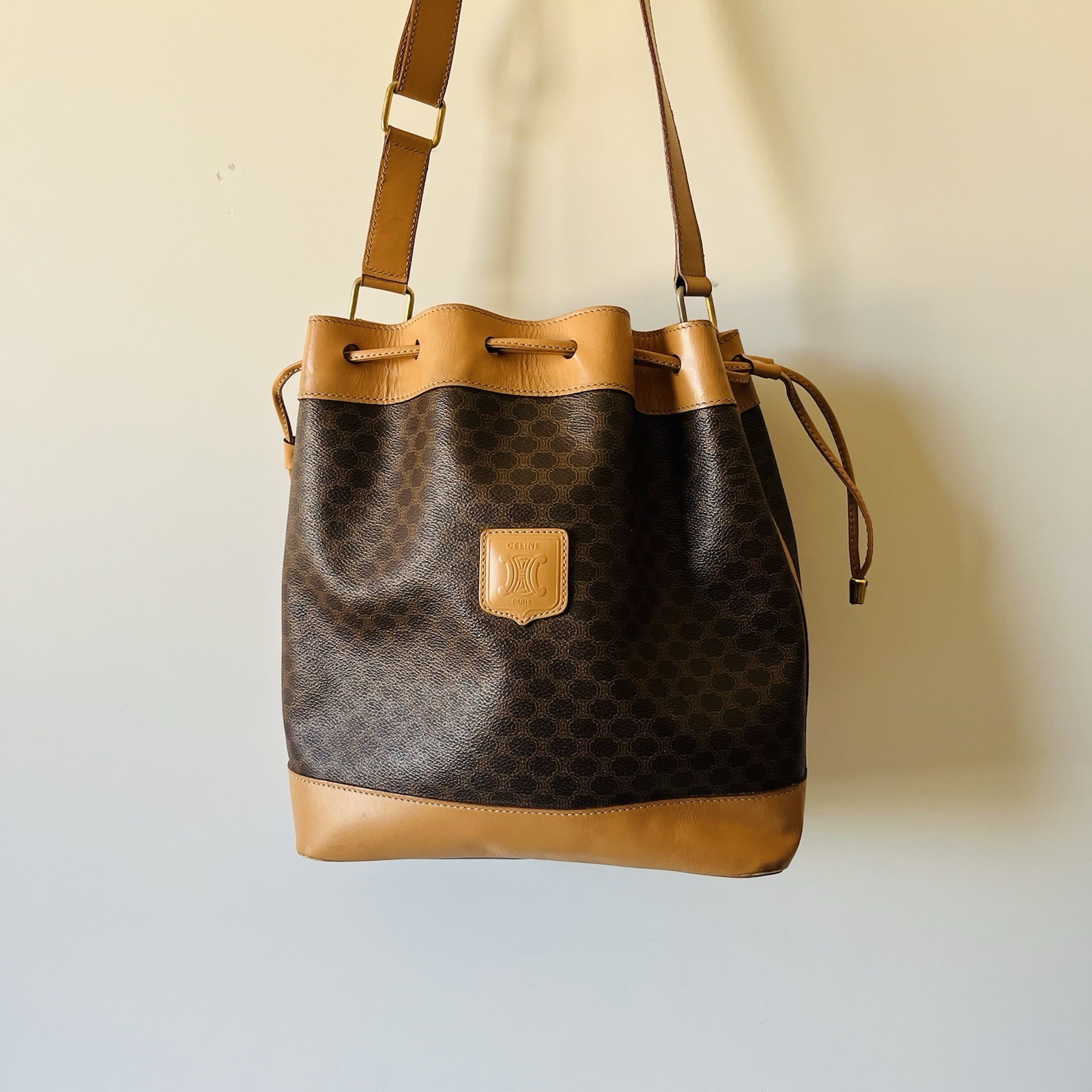 CELINE Macadam Blason Shoulder Drawstring Bucket Bag Purse w/Pouch PVC Leather