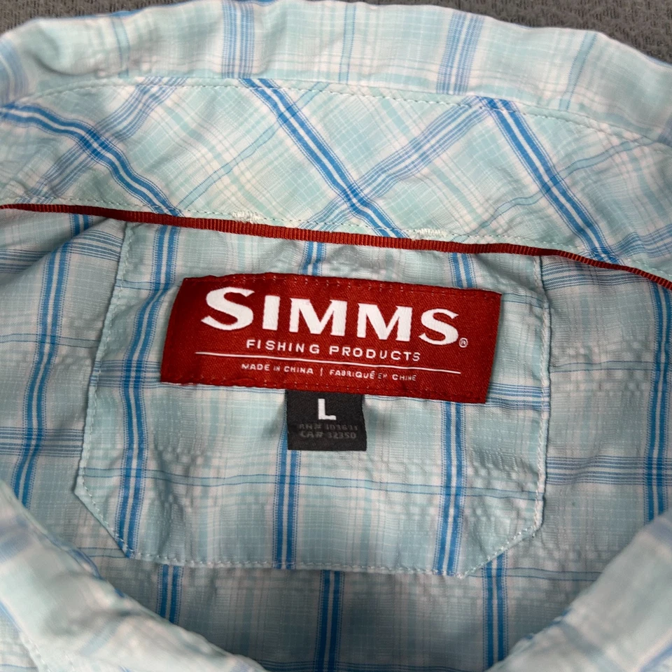 Simms Fishing Shirt Men’s Large Blue Plaid UPF Short Sleeve Beach Pockets - Image 4 of 4