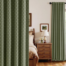 Olive Green 100 Blackout Linen Curtains, Geometric Pattern, 52x96 Inches, 2 Pan