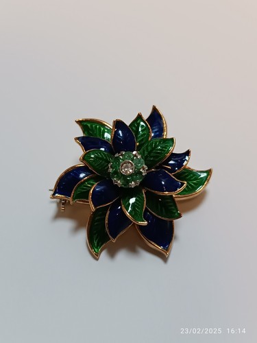 Brosche Blume - 18 Karat Gelbgold, Diamant (natürlich) - Smaragd.Vintage - Bild 10 von 16