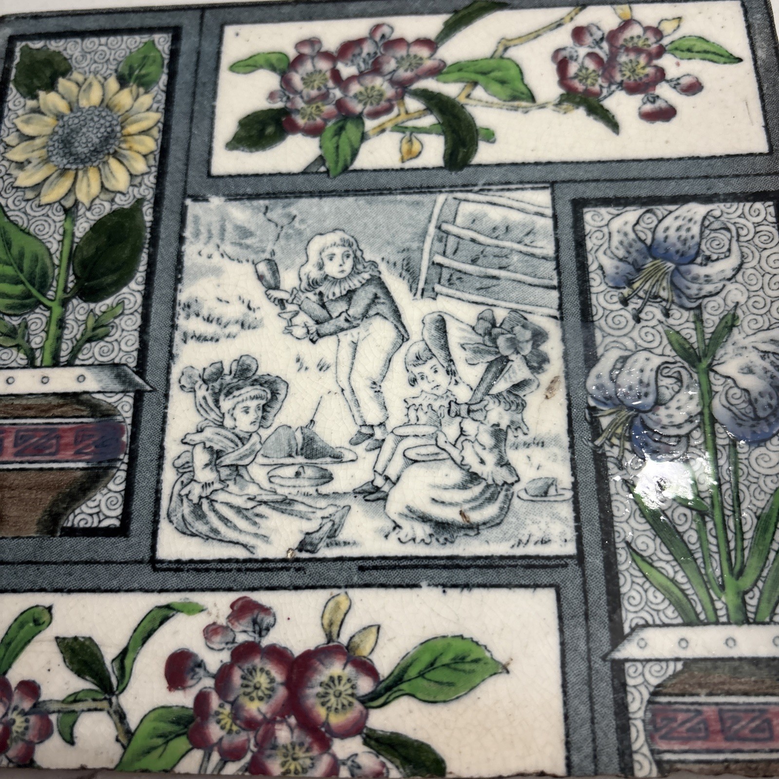 Antique Victorian Aesthetic Movement 6” Tile  -Children & Flowers Colored- 1880s