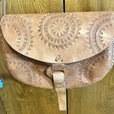 Hand Tooled Leather Purse Tan Sun Burst Beautiful Great New Adjustable Strap