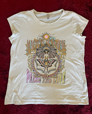 Laura TORELLI Damen T-Shirt M cremefarben Kurzarm  Grafikdruck Peace & Love