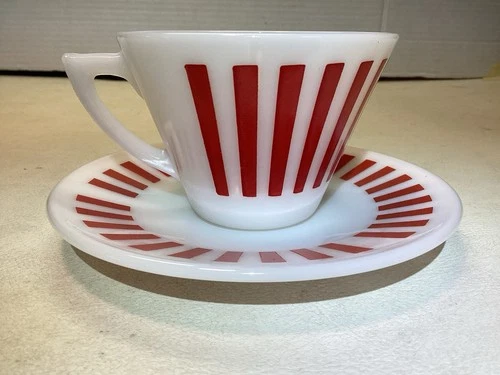 Vintage Hazel Atlas “Candy Stripe” Milk Glass Teacup and Saucer Set  1950s USA