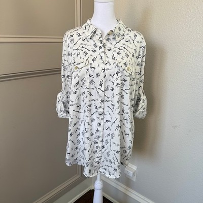 NWT KARL LAGERFELD PARIS Women's Soft Everyday Roll-Sleeve Blouse Size L