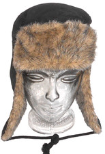 FLIEGER-MÜTZE PILOTEN-MÜTZE Gr.L KAPPE TSCHAPKA CAP SCHWARZ mit WEB-FELL TRAPPER