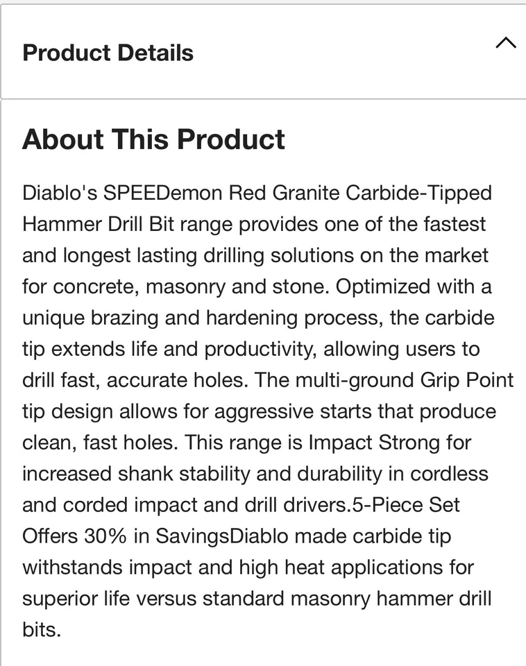 Набор бит Diablo КРАСНЫЙ ГРАНИТ из твердосплавного бетона с наконечником, # DMARG1230-S5 (5 шт.) - Изображение 2 из 3