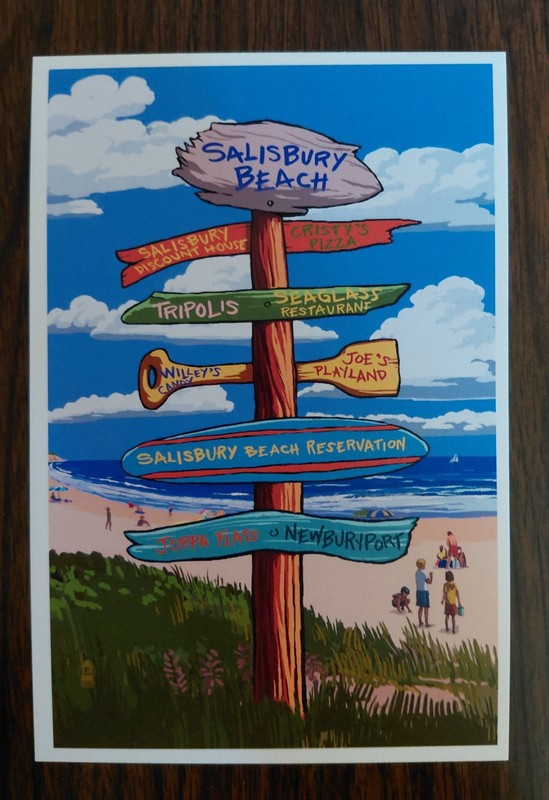 Salisbury Beach MA Sign Post  Discnt House, Cristys, Willeys,  & Joe's Postcard 