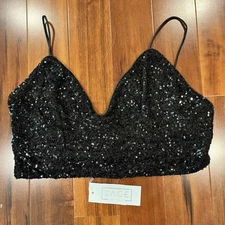 New NWT Sage The Label Black Sequin Crop Top Spaghetti Straps V Neck Size Large