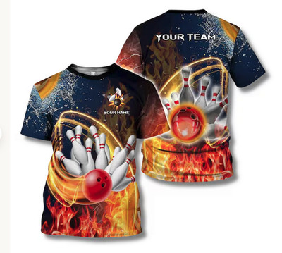 Custom 3D Bowling Team Shirt, Flaming Strike Ball & Pins, Personalized.