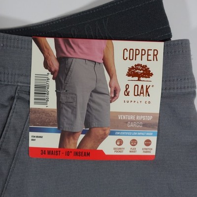 Copper and Oak Men Cargo Shorts 34 Ripstop Security Pocket Flex Stretch Gray NWT