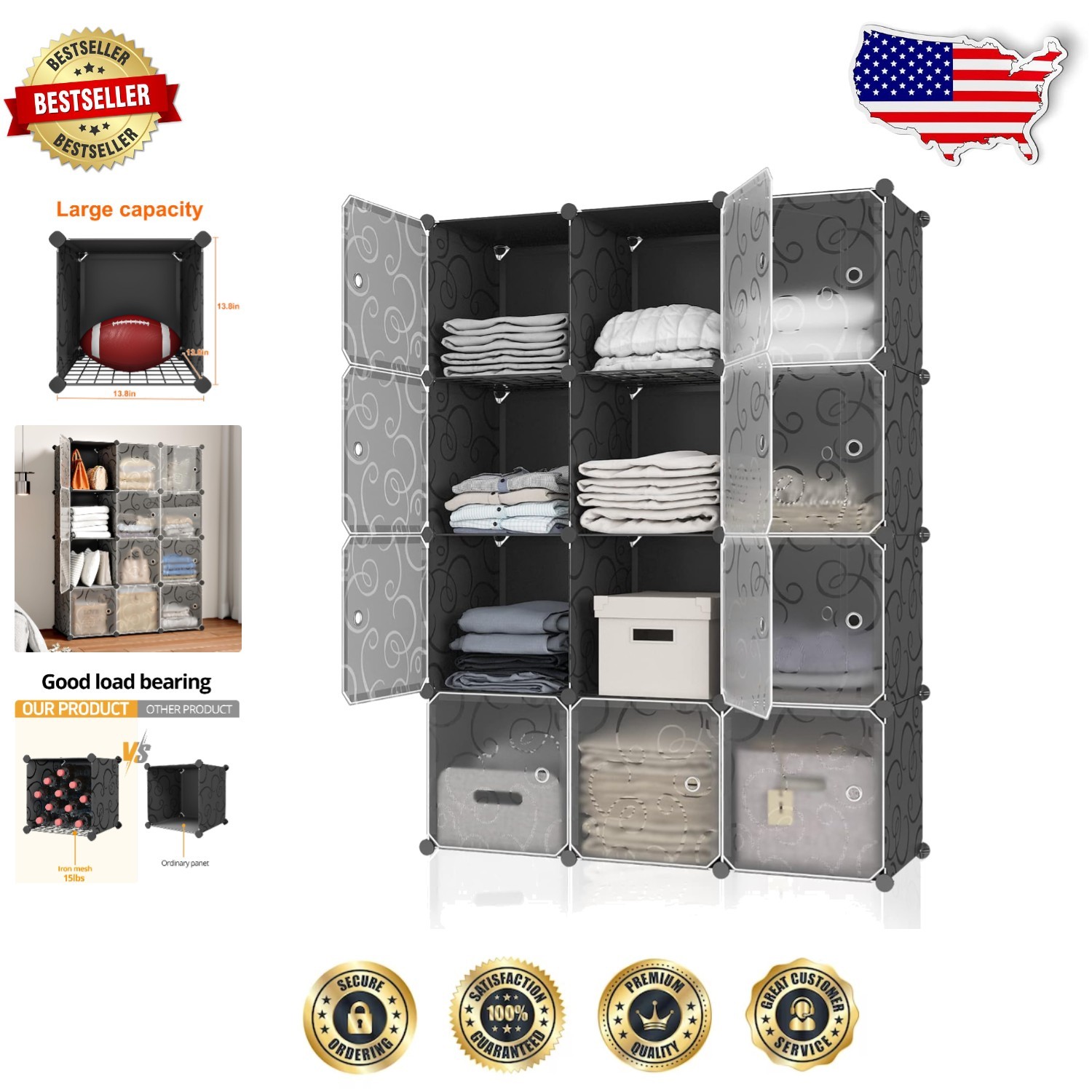 Space-Saving Black Storage Cubes with 12 Shelves for Stylish Organization