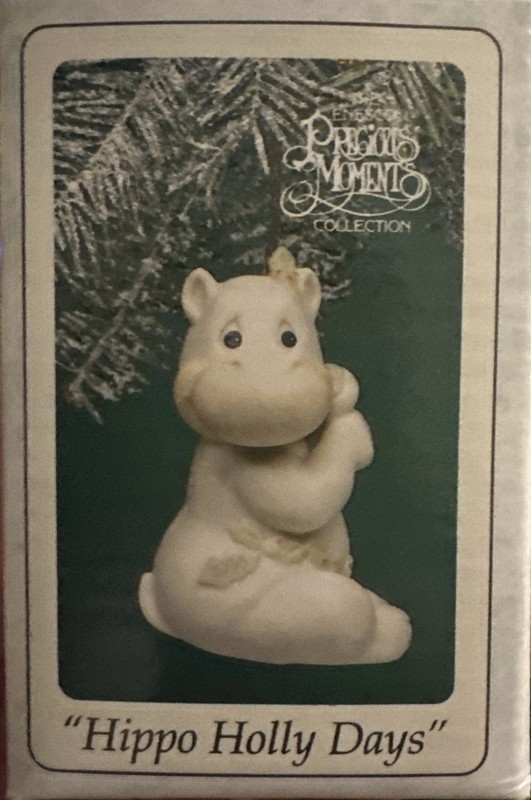 1995 Enesco Hippo Holly Days Porcelain Bisque Hanging Ornament Sealed NIB