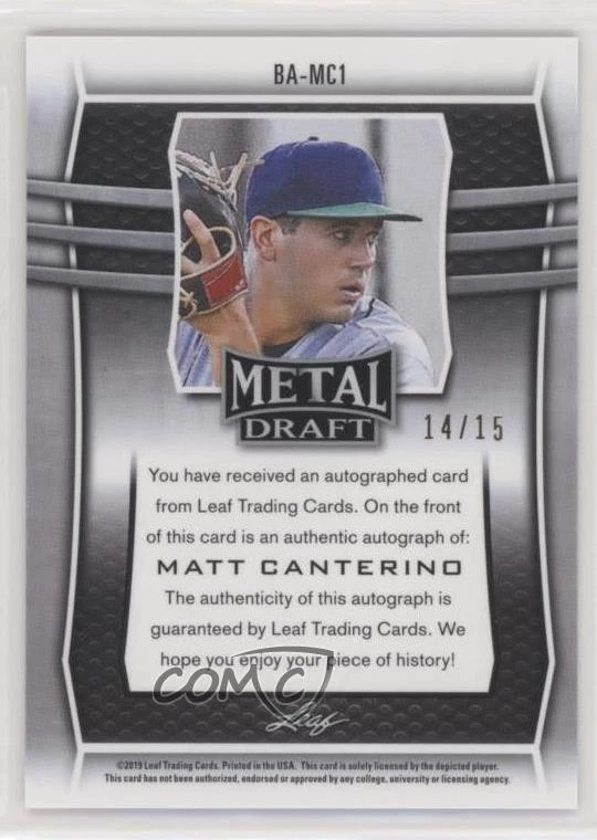 2019 Leaf Metal Draft Pink /20 Matt Canterino #BA-MC1 Auto - Image 2 of 2