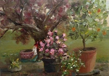 Garden Elf  5x7 original oil painting by Maine Artist, Celene Farris. Plein Air