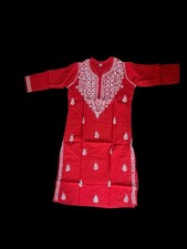 Red Embroidered Kurta with White Detailing and Long Sleeves for Women