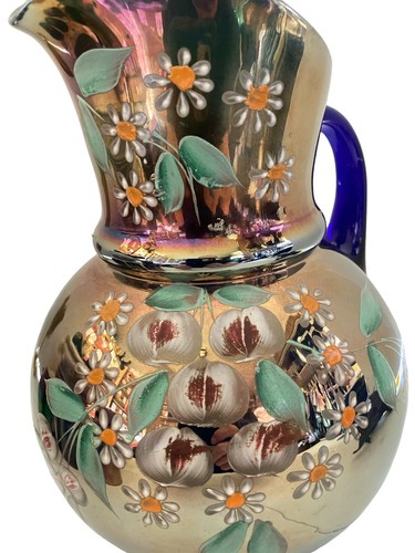Vintage Northwood Hand-Painted Cobalt Blue Carnival Glass Pitcher W/3 Tumblers - Picture 3 of 20