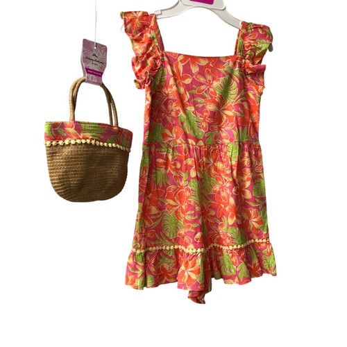 Tommy Bahama Girls Floral Romper Dress & Straw Purse Set - Tropical Print 8 NWT - Picture 9 of 11
