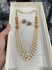 Bollywood Style 3 Layered Handmade Pearl Necklace with Matching Earrings Set