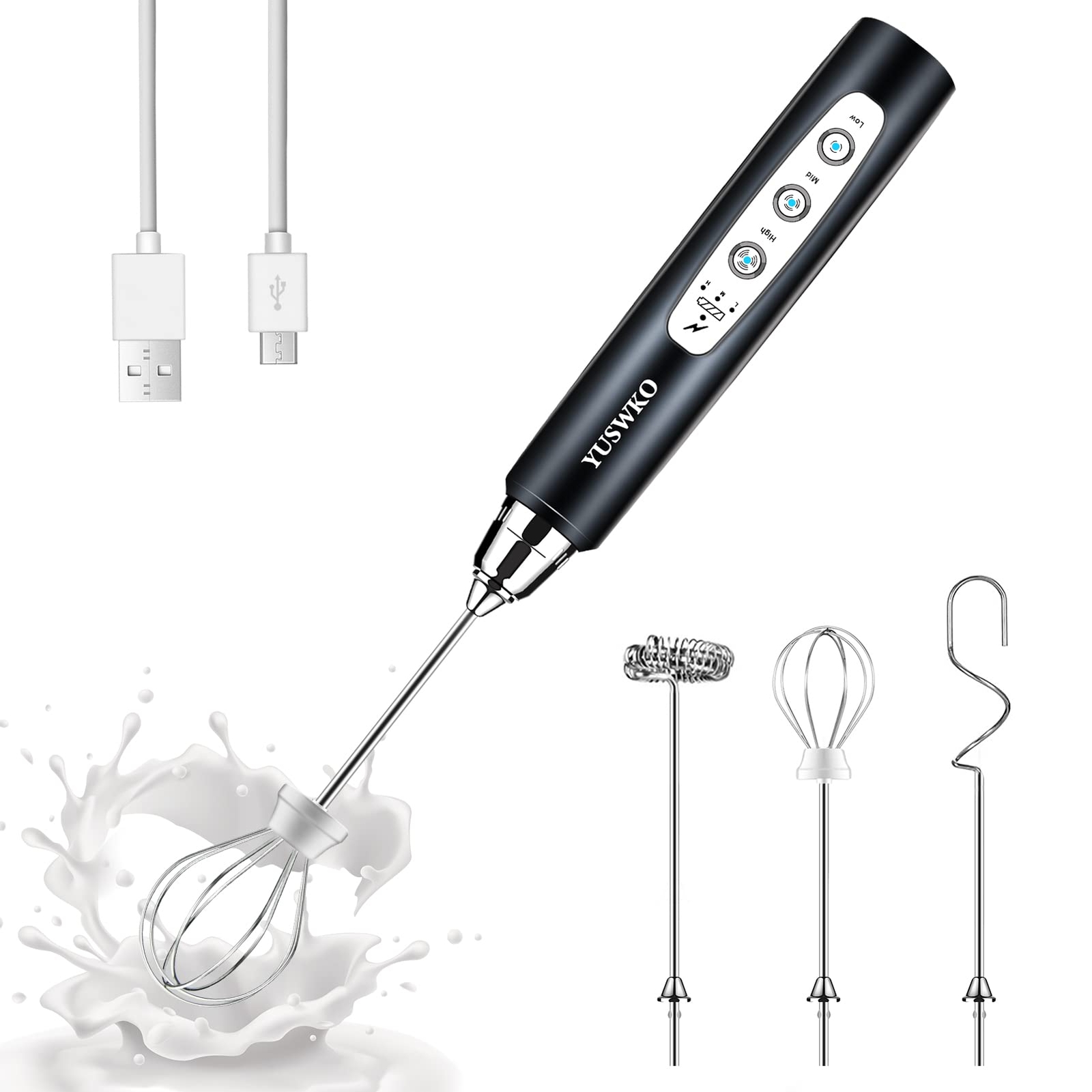 Milk Frother Handheld with 3 Heads Electric Whisk Drink Foam Mixer with USB R...-image