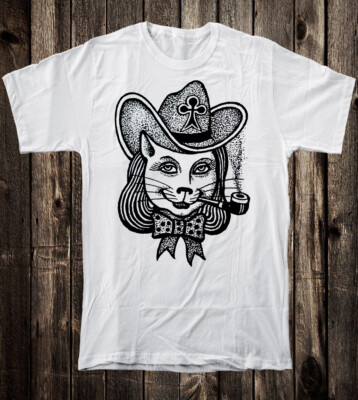 Unisex Cotton T Tee Shirt Russian Prison Tattoo Art Traditional Hooligan Cat