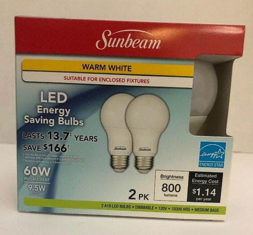 Sunbeam 60W LED DIMMABLE A19 Light, ENERGY STAR, 800 Lumens, 3000K WHITE 9.5 - Picture 5 of 12