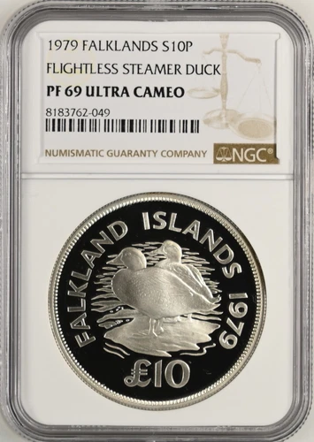 FALKLAND ISLANDS 10 Pounds 1979 Silver NGC PF69 UC Wildlife Conservation Ducks