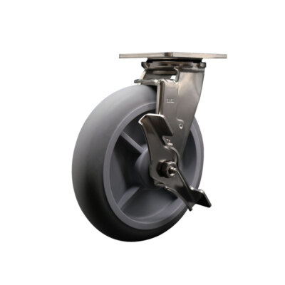8 Inch 316SS Thermo Rubber Donut Tread Swivel Caster w/Roller Bearing& Brake SCC