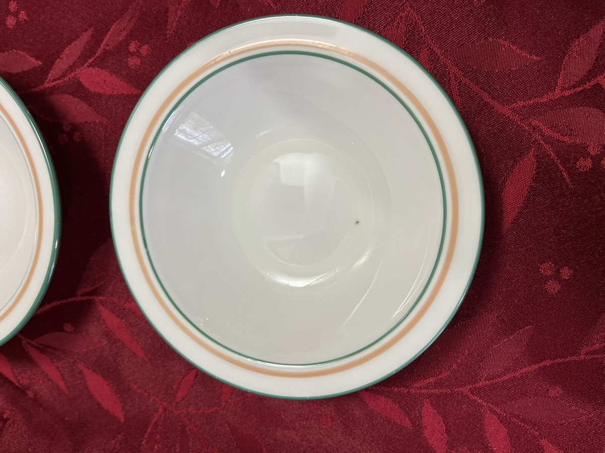 8 VTG Corning Dinner Ware 6” Bowls WHITE w/Green/ Orange Stripes