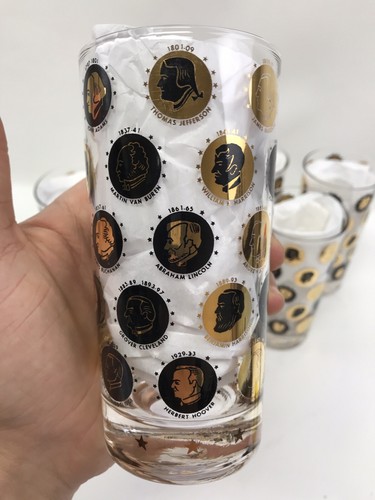Set of 8 Cera MCM Gold Coin Presidential Collins Glasses / Tumblers, Eisenhower - Picture 3 of 9