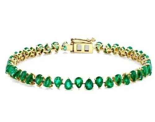 7CT Pear Cut Natural Emerald In 14K Yellow Gold Women's Tennis Bracelet For Gift - Picture 6 of 14