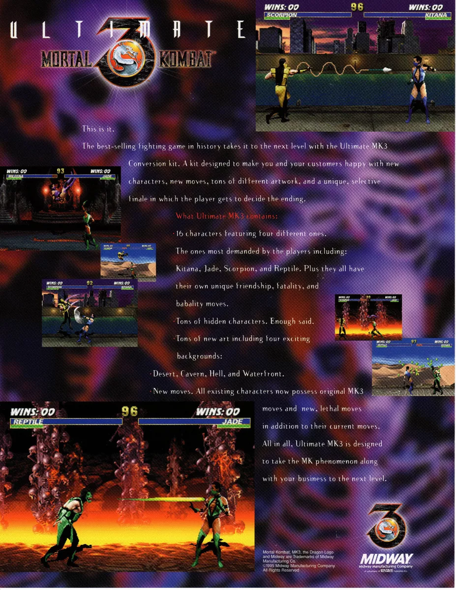 ULTIMATE MORTAL KOMBAT 3 Original Promo VIDEO ARCADE GAME Flyer MIDWAY  Brochure