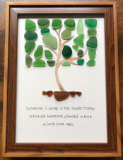 Handmade sea glass art, beach glass art, tree, green, nature, framed picture
