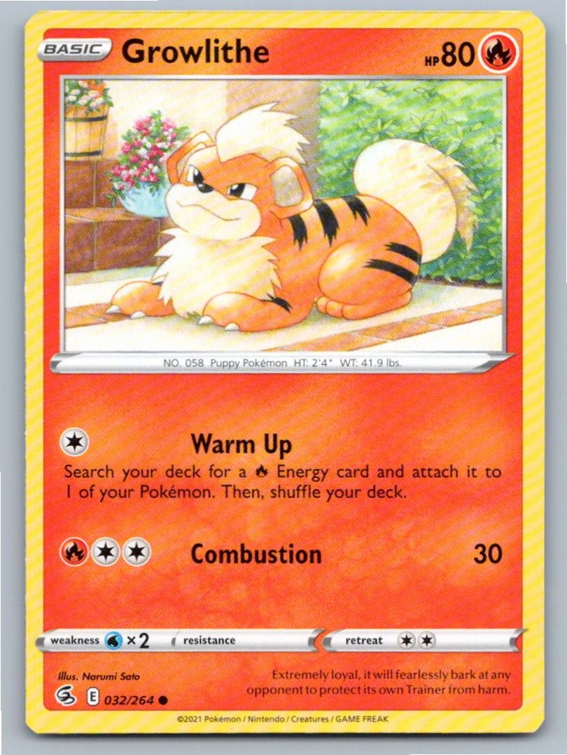 2021 POKEMON GROWLITHE FUSION STRIKE 032/264 COMMON NM A46916 FREE S&H