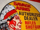 VINTAGE SAVAGE ARMS AUTHORIZED DEALER RIFLES SHOTGUN AMMO 11 3/4" PORCELAIN SIGN