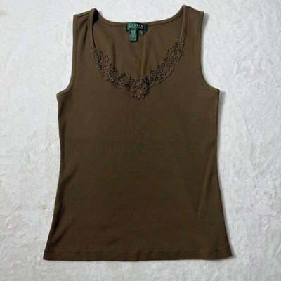 Lauren Ralph Lauren Brown Ribbed Tank Top Lace Trim Scoop Neck Cotton Medium USA