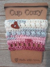 handmade crochet coffee cup cozy drink sleeve heart button cherries jubilee new