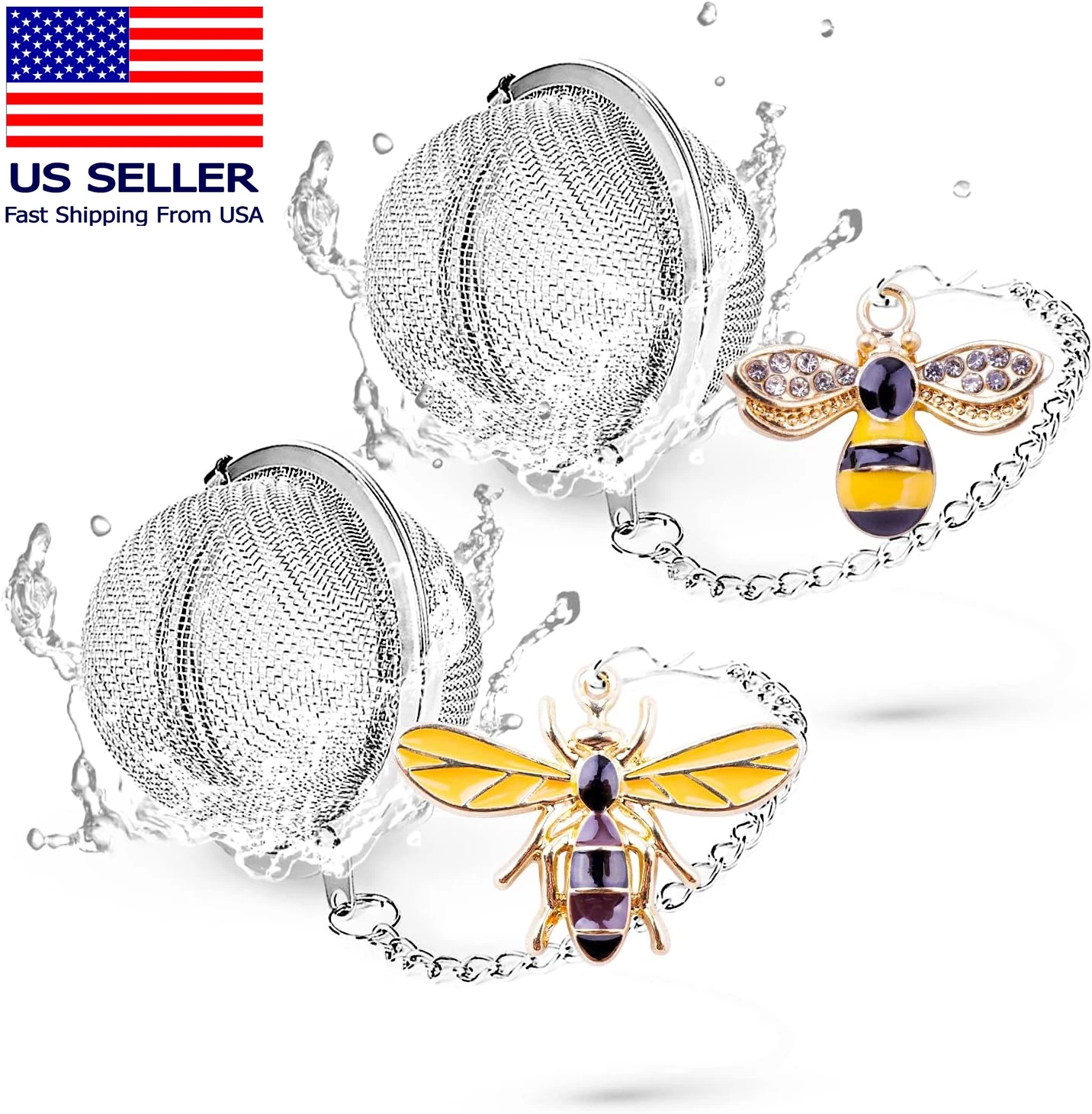 Handmade Tea Ball Infusers - 2Pcs, Honey Bee Strainers with Bee Charm Pendant fo