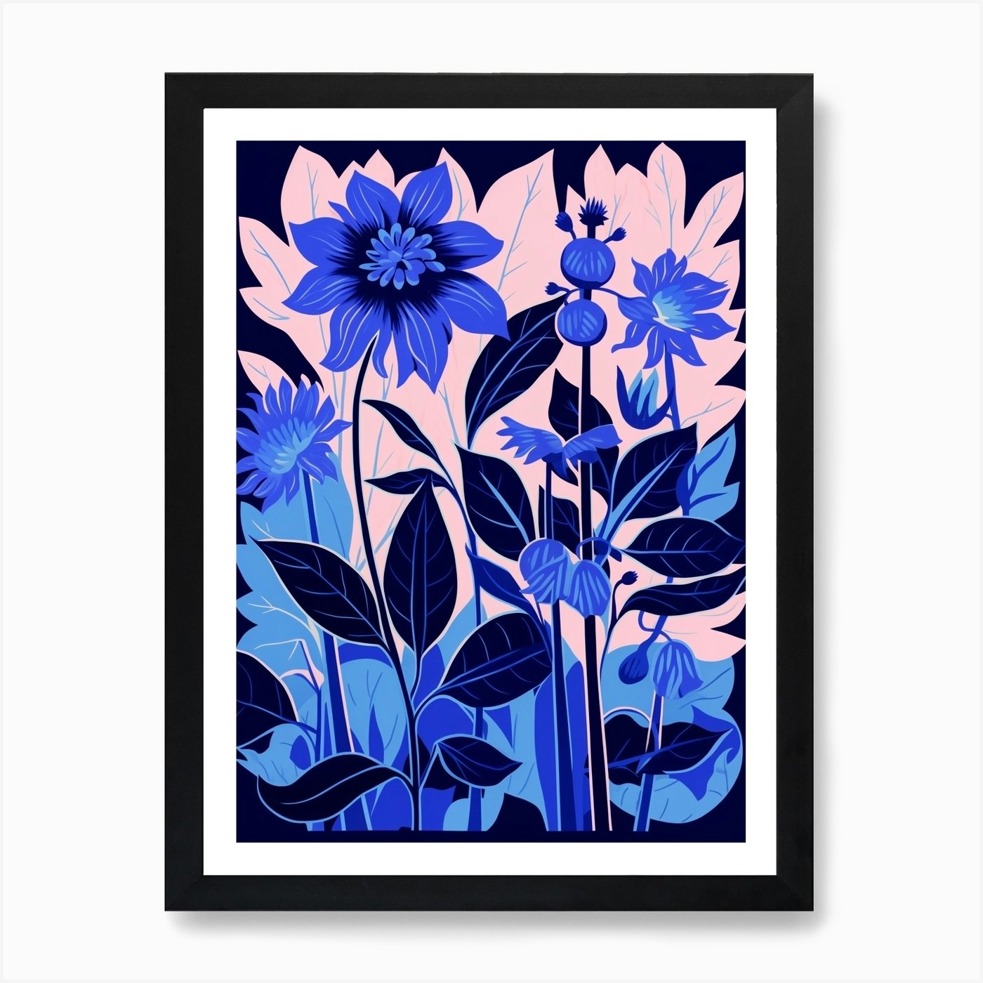 Blue Flower Bee Balm Framed Wall Art Poster Canvas Print