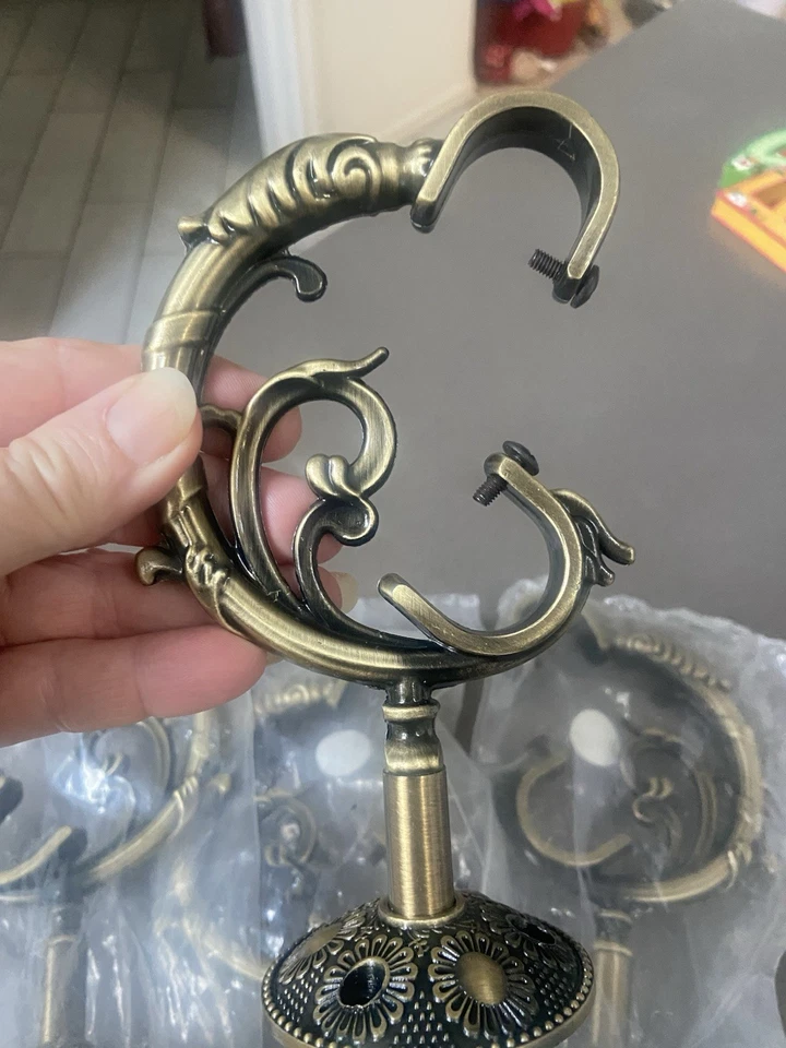 4 Vintage Ornate Brushed Nickel Gold Color Rod Brackets Metal- 2 Sets Hardware - Image 2 of 4