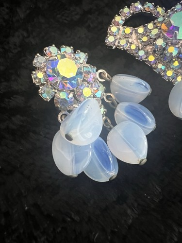 Vintage Large Shades of Blue & Rhinestones Spray Brooch & Earrings Silver Tone - 第 13/13 張圖片