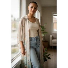 World Market Robe Duster Women S/M Ombre Floral Kimono Boho Bohemian Belted Long