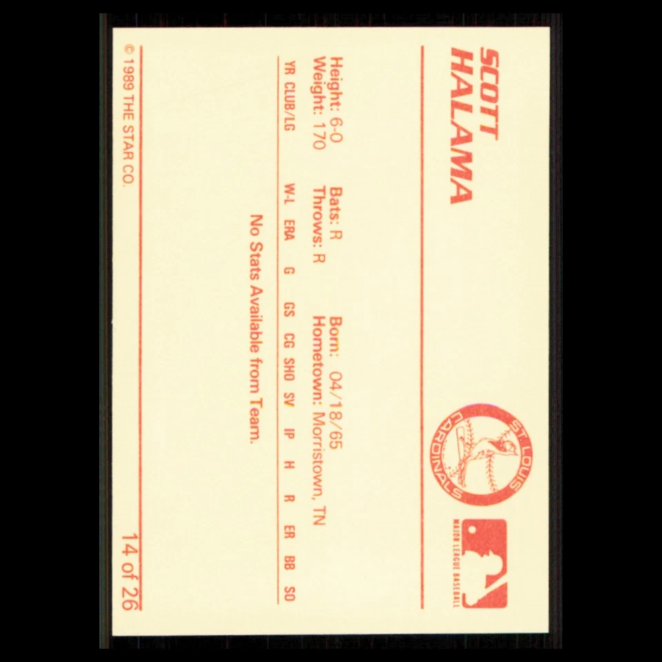 Scott Halama #14 1989 Star Minor League Johnson City Cardinals Baseball Card MLB - Image 2 of 3