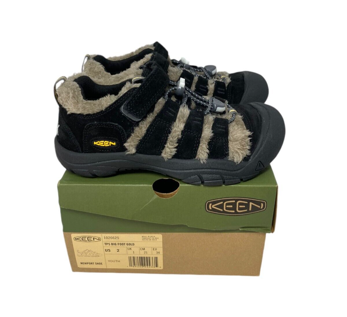 Scarpa Keen Newport nera taglia 4 giovani bambini TPS piede grande foderata oro NUOVA