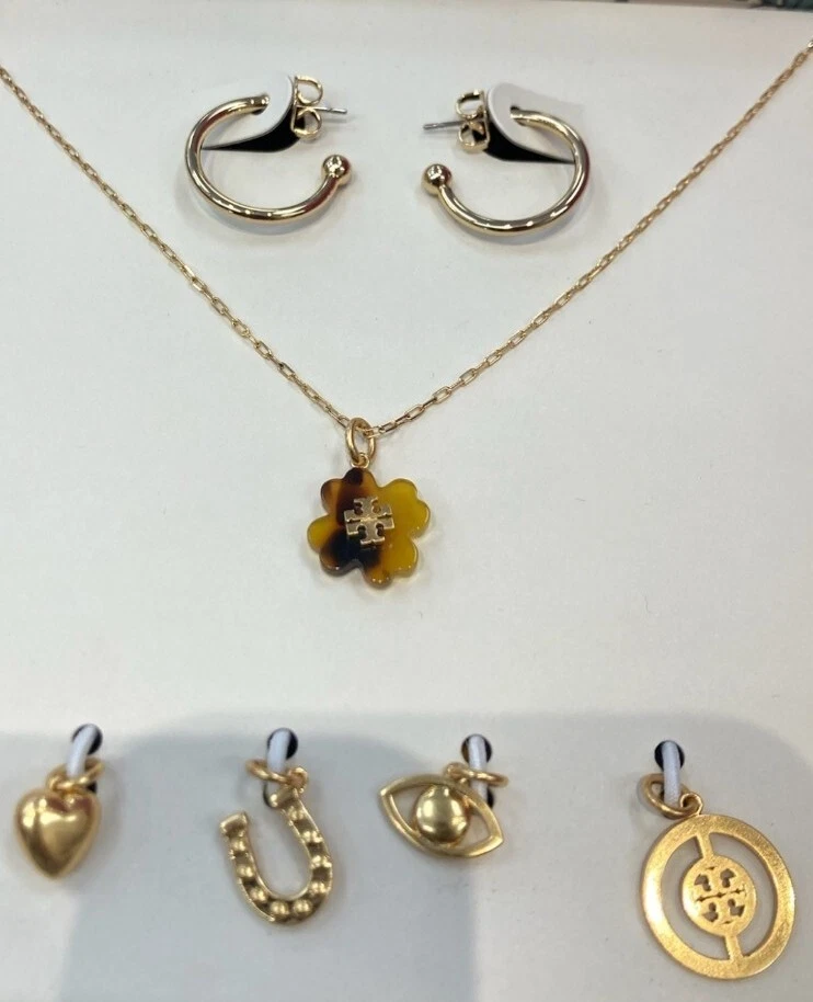 TORY BURCH NECKLACE & HOOP EARRINGS/5 CHARM SET IN TORY GIFT  BOX;BNIB;MSRP:$198