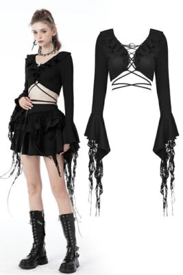 DARK IN LOVE Black Gothic Witch Ripped Long Sleeves Sexy Short Top Women T-Shirt