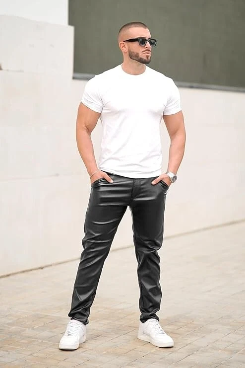 Mens Biker Jeans Real Black Or Cow Leather Sleek And Sexy 501 Style Pants New