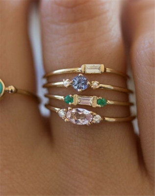 4pcs/set 18K Gold Plating Simple Inlaid Diamond Rings Women Zircon Engagement