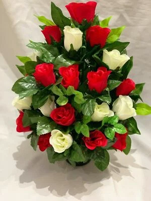 SILKY BOUQUETS Grave Pot Artificial Silk Flower Memorial Arrangement Flat Back All Rose Mix