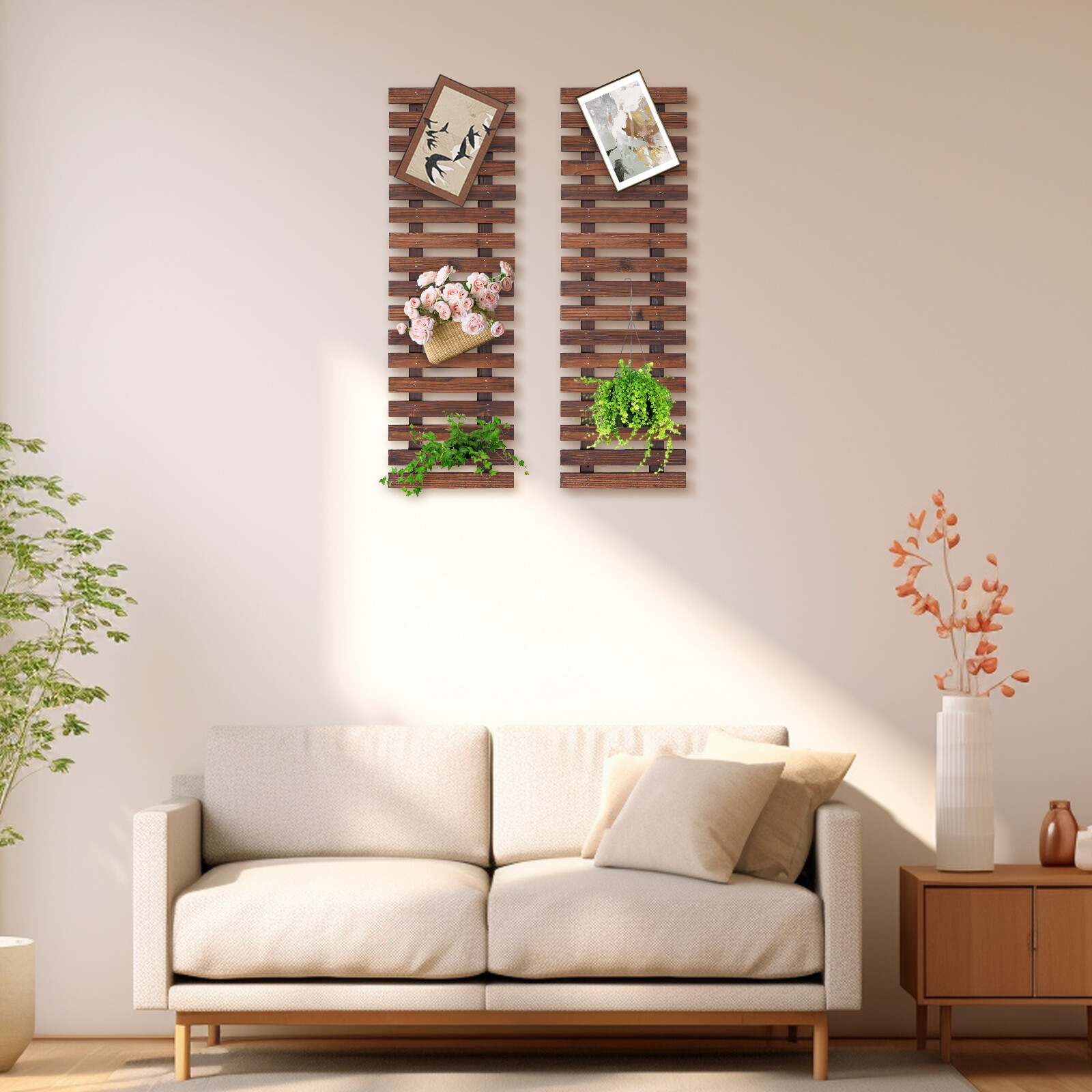 90*29cm 2PCs Wooden Hanging Planter Rack Vertical Garden Wall Mount Plant Stand